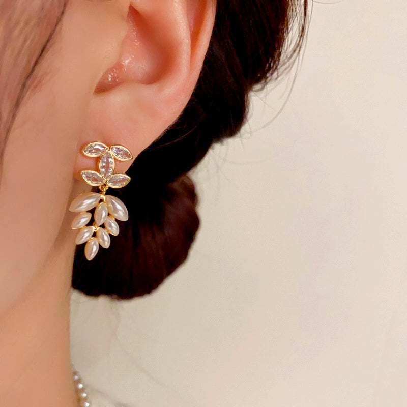 14K Gold-Plated Zircon letter Wheat Ear pearl Earrings