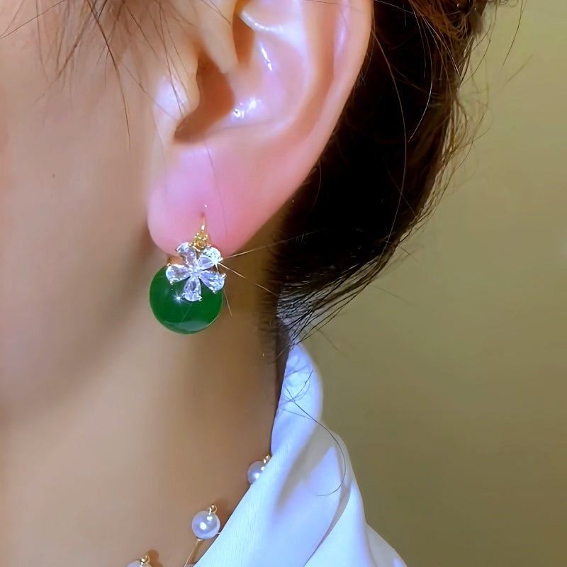 14K Gold-Plated Green Pearl Zircon Flower Earrings