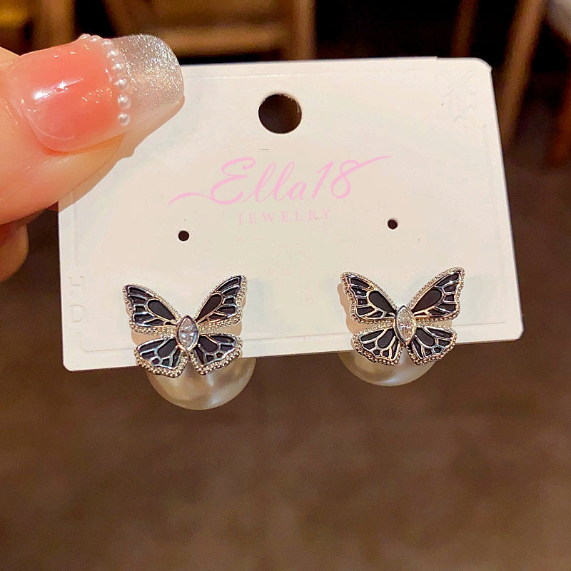 14K Gold-plated Black Butterfly Pearl Jacket Earrings