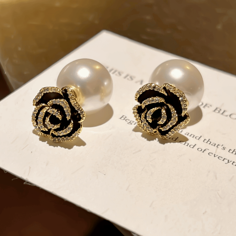 14K Gold-plated Black Camellia Pearl Earrings