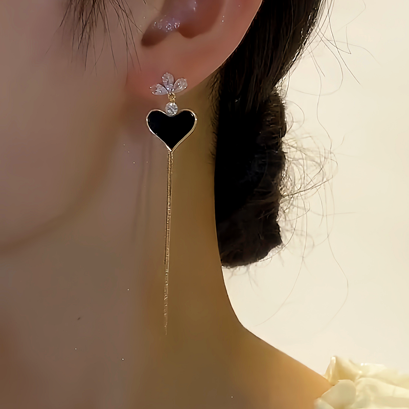 14K Gold-plated Black Heart Tassel Earrings