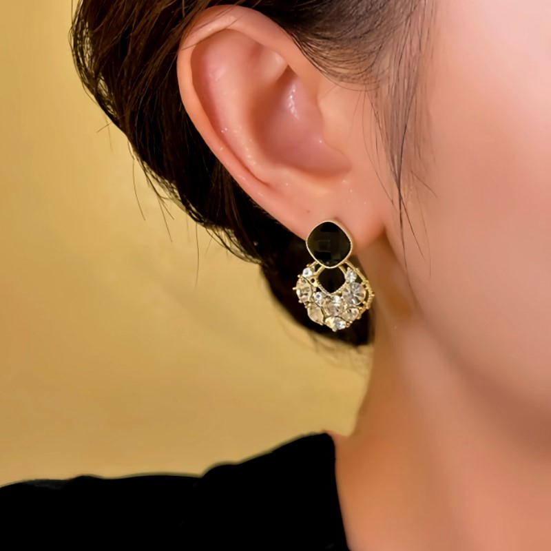 14K Gold-plated Black Zircon Diamond Earrings