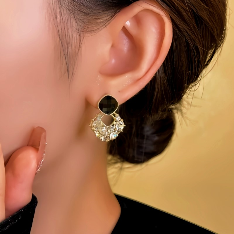 14K Gold-plated Black Zircon Diamond Earrings