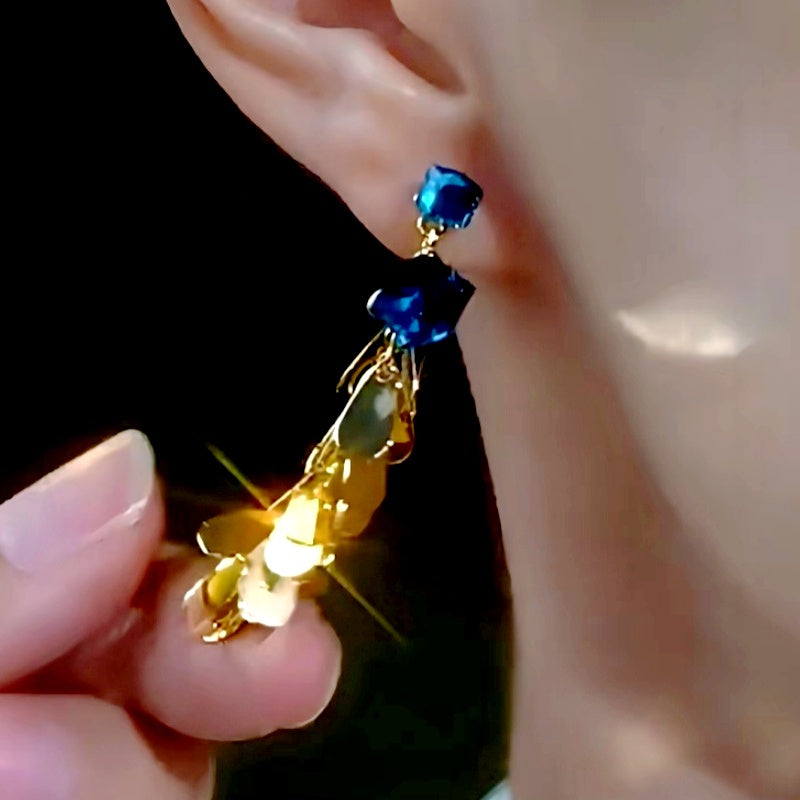14K Gold-plated Blue Crystal Tassel Earrings