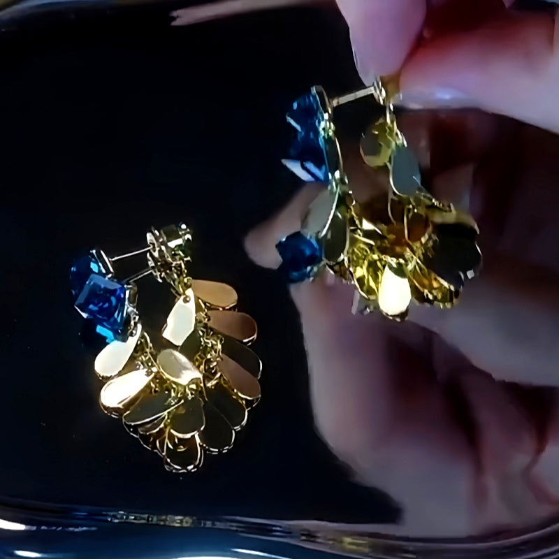 14K Gold-plated Blue Crystal Tassel Earrings
