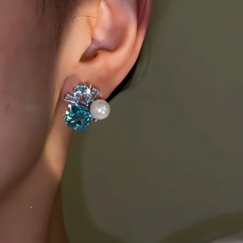 14K Gold-plated Blue Diamond Pearl Earrings