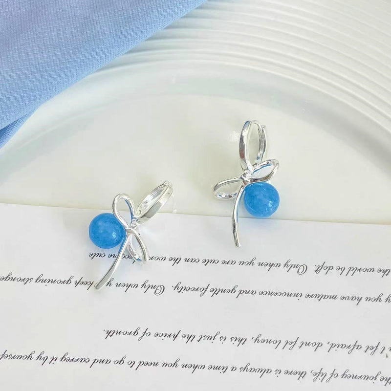 14K Gold-plated Bow Bead Blue Bead Earrings