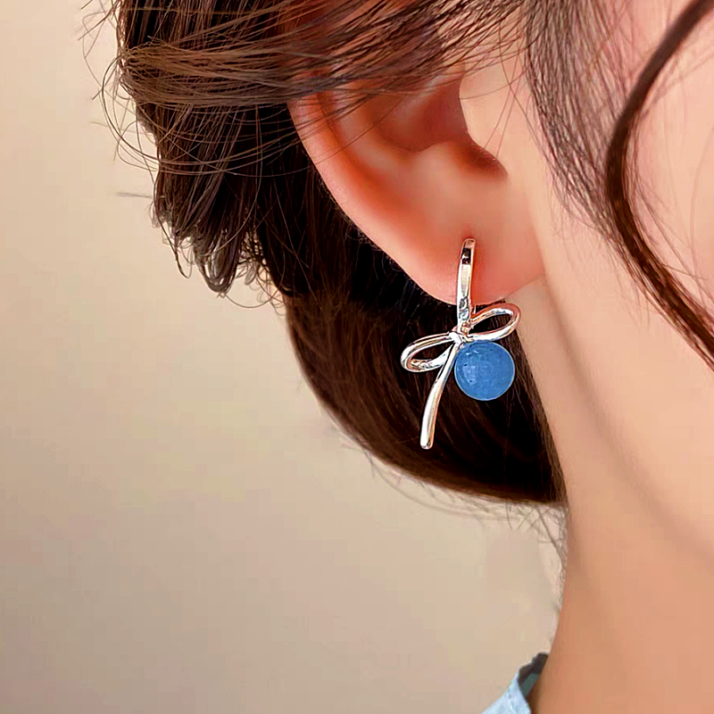 14K Gold-plated Bow Bead Blue Bead Earrings