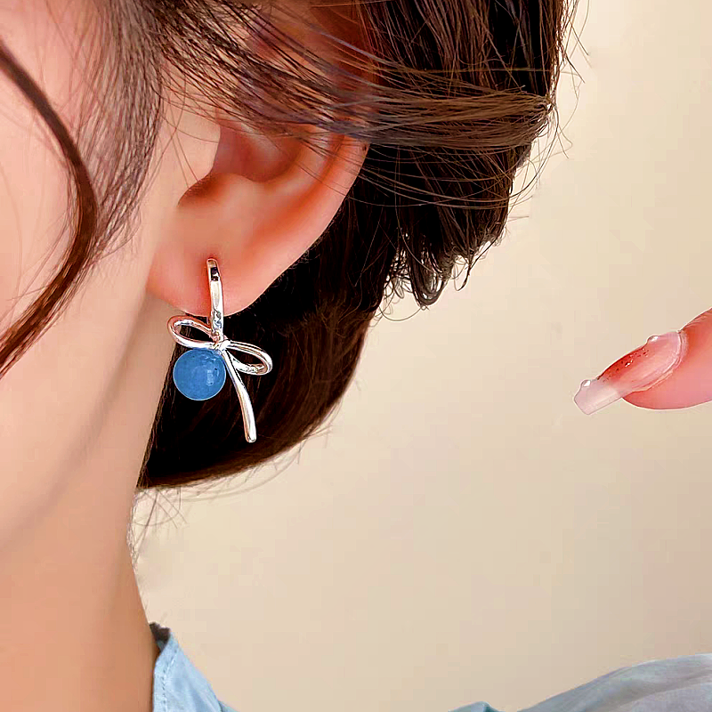 14K Gold-plated Bow Bead Blue Bead Earrings