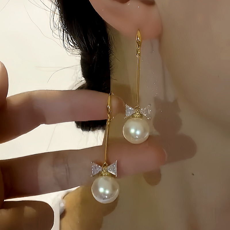 14K Gold-plated Bow Long Pearl Ear Hook Earrings