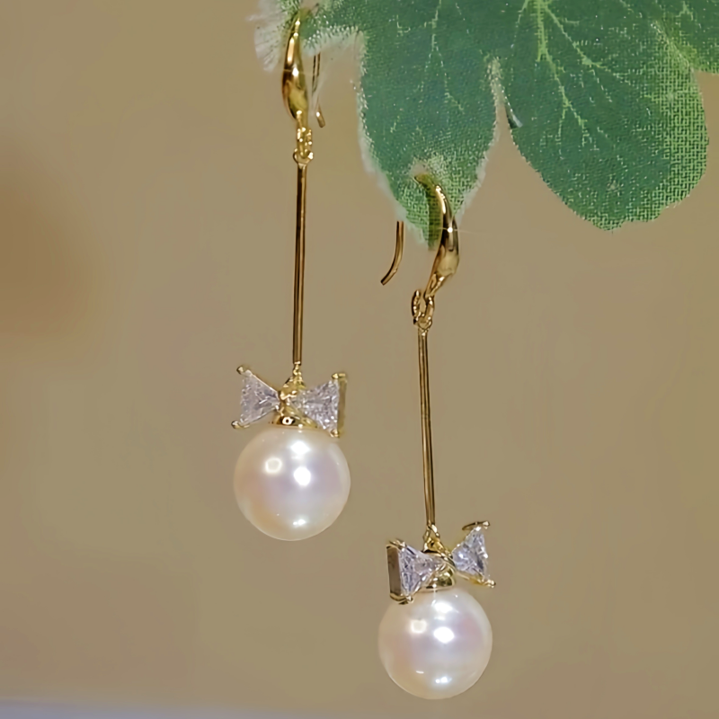 14K Gold-plated Bow Long Pearl Ear Hook Earrings