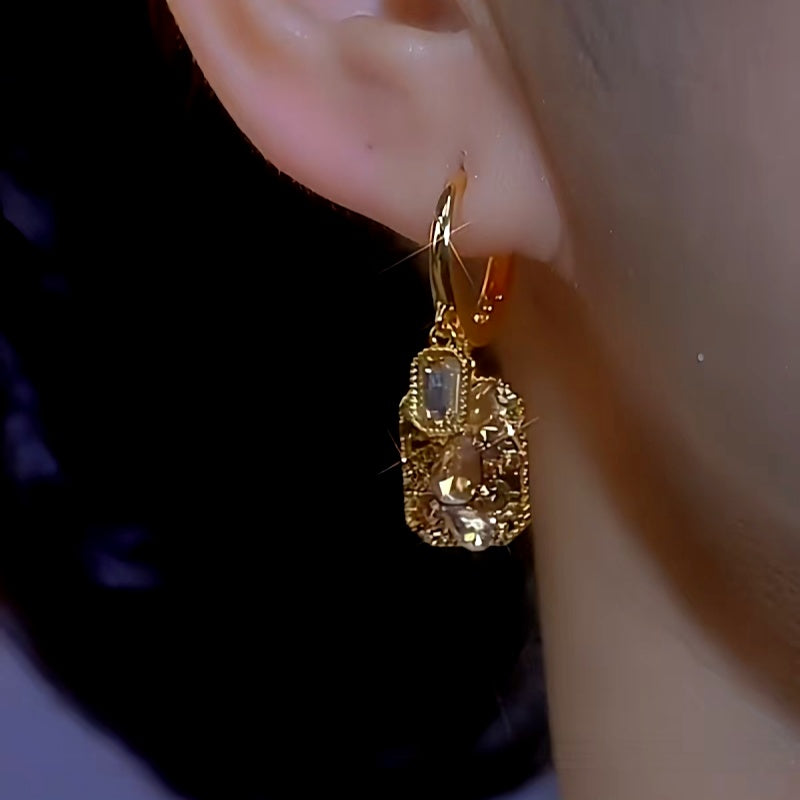 14K Gold-plated Brown Diamond Crystal Square Earrings