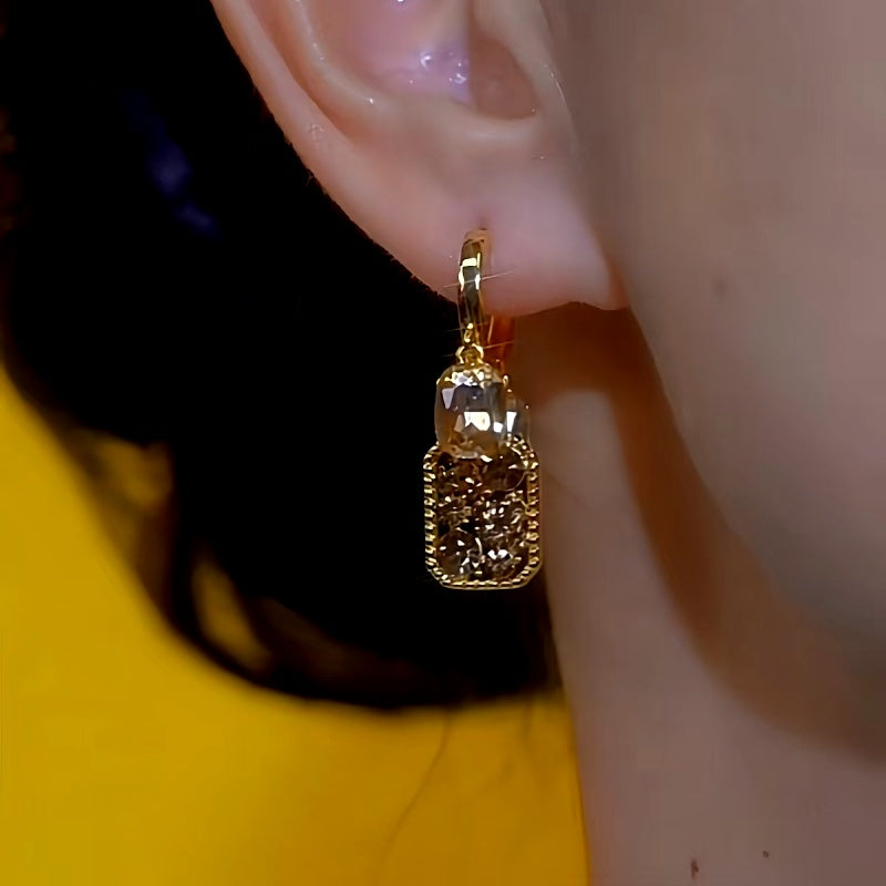 14K Gold-plated Diamond-Studded Brown Crystal Square Earrings