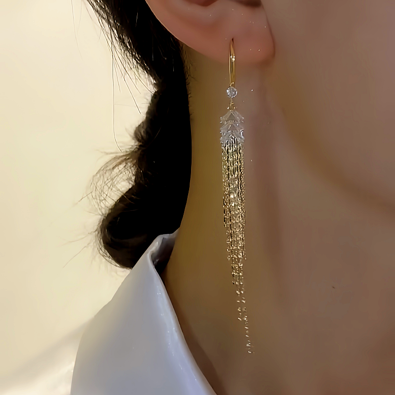 14K Gold-plated Diamond-Studded Wheat Tassel Earrings
