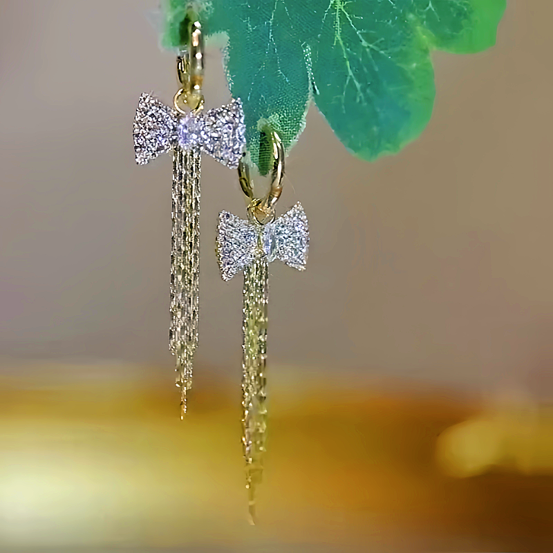 14K Gold-plated Diamond Bow Tassel Earrings