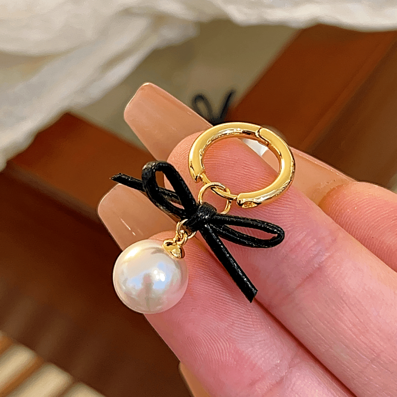 14K Gold-plated Elegant Black Bow Pearl Earrings