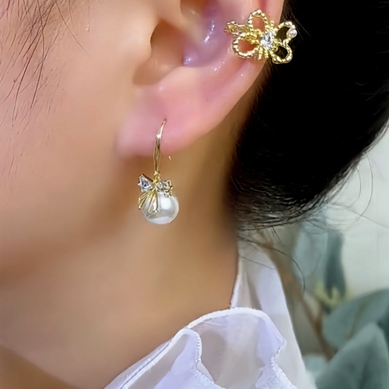 14K Gold-plated Elegant Bow Pearl Ear Hook Earrings