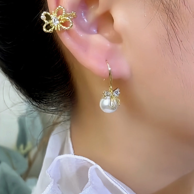 14K Gold-plated Elegant Bow Pearl Ear Hook Earrings