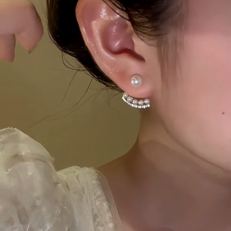 14K Gold-plated Elegant Diamond-Studded Pearl Earrings