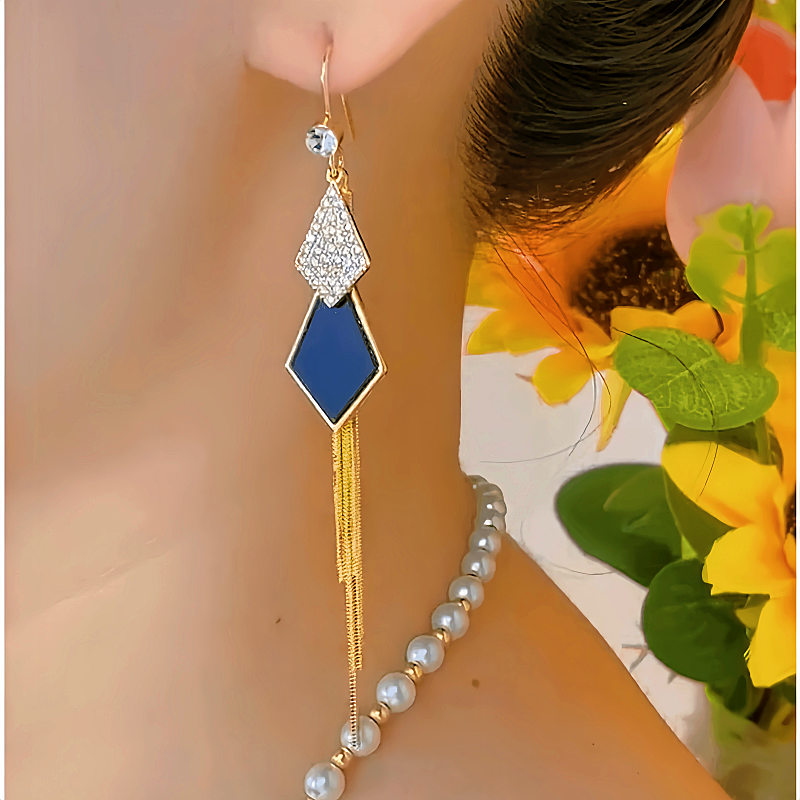 14K Gold-plated Elegant Diamond Black & Blue Ear Hook Tassel Earrings