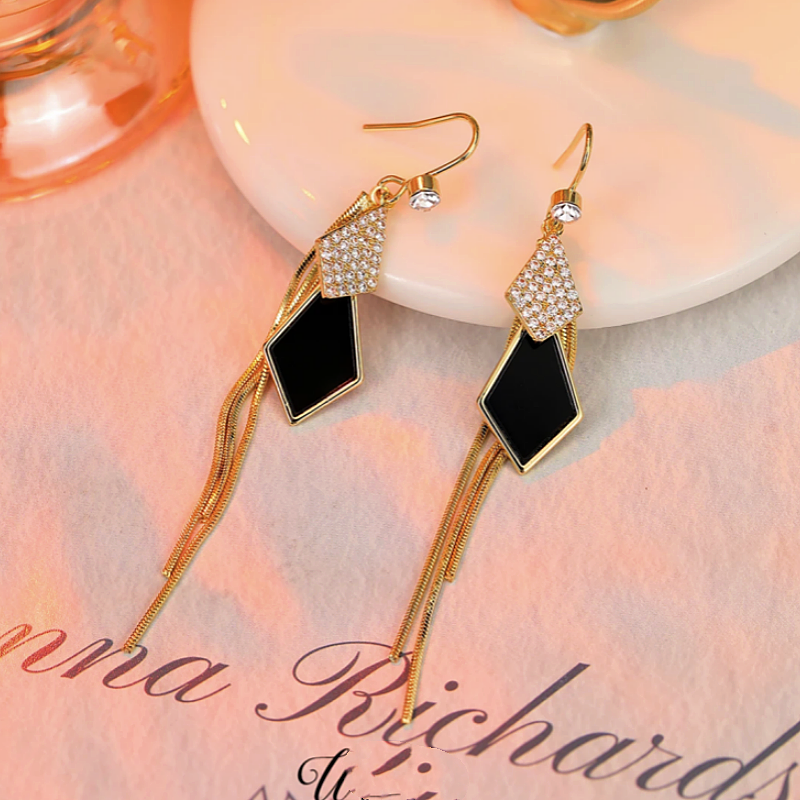 14K Gold-plated Elegant Diamond Black & Blue Ear Hook Tassel Earrings