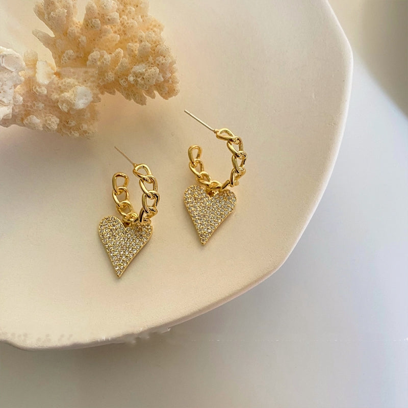 14K Gold-plated Elegant Diamond C-Shaped Heart Earrings