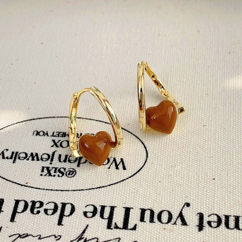 14K Gold-plated Elegant Oil-Drop Brown Heart Earrings