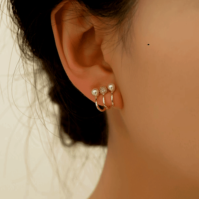 14K Gold-plated Elegant Three-Layer Diamond And Pearl Studs