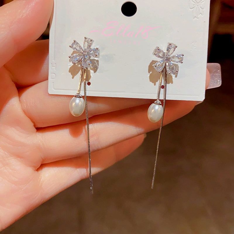 14K Gold-plated Elegant Zircon Flower Pearl Tassel Earrings
