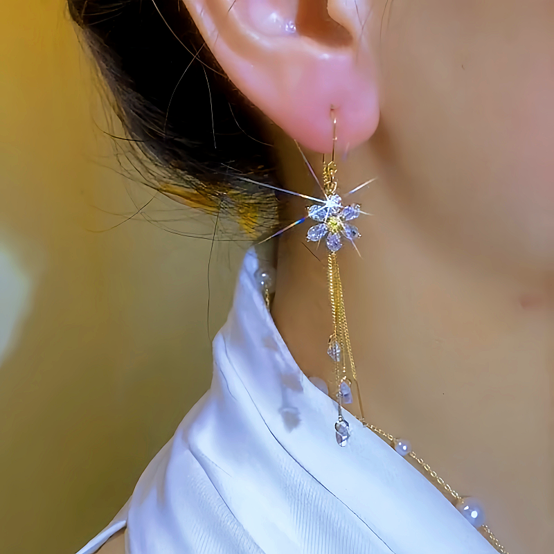 14K Gold-plated Elegant Zircon Flower Threader Earrings