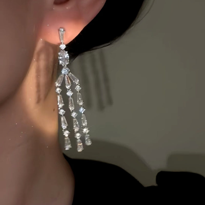 14K Gold-plated Elegant Zircon Long Tassel Earrings