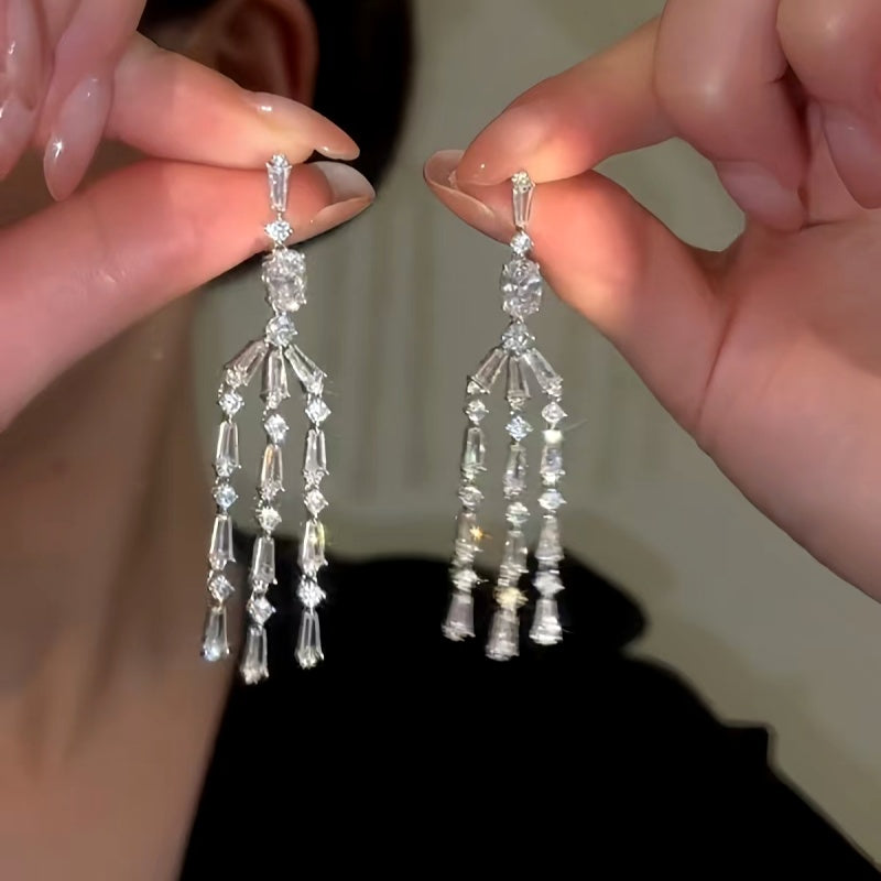 14K Gold-plated Elegant Zircon Long Tassel Earrings