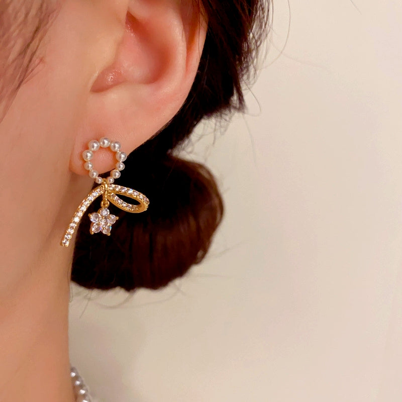 14K Gold-plated Elegant Zircon Pearl Bow Ribbon Flower Earrings