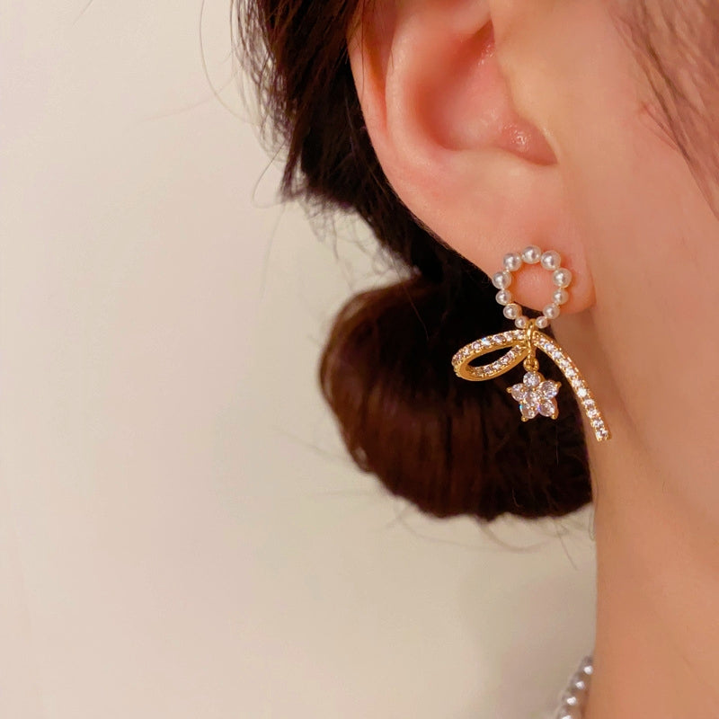 14K Gold-plated Elegant Zircon Pearl Bow Ribbon Flower Earrings