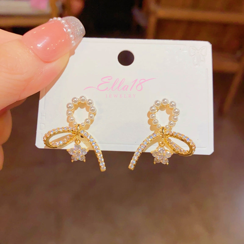 14K Gold-plated Elegant Zircon Pearl Bow Ribbon Flower Earrings