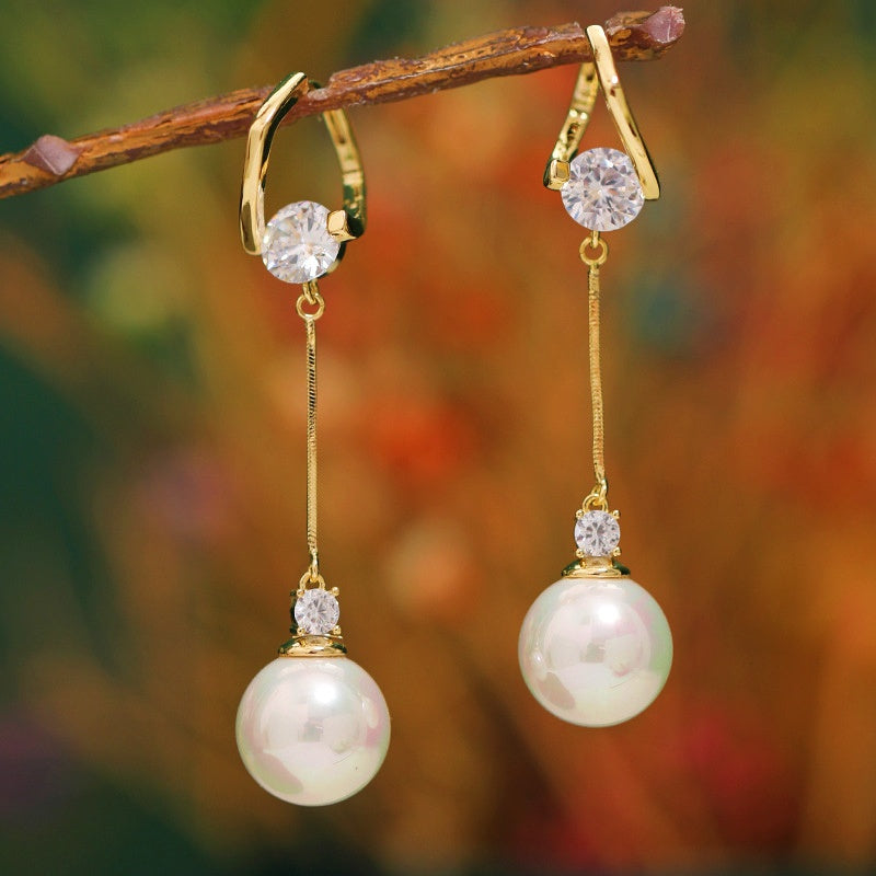 14K Gold-plated Elegant Zircon Pearl Earrings