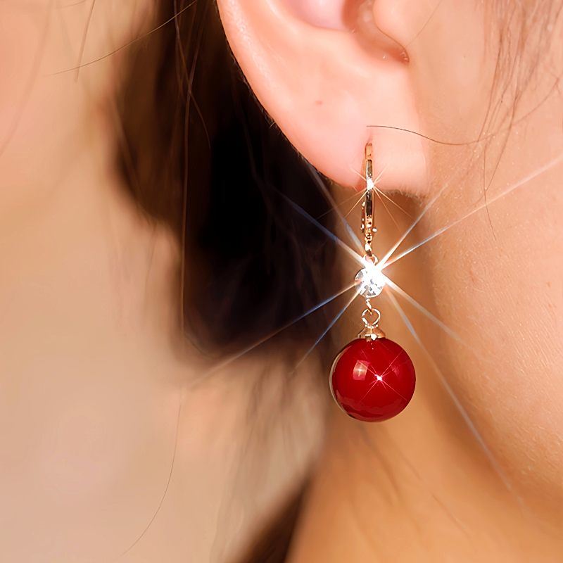 14K Gold-plated Elegant Zircon Red Pearl Earrings