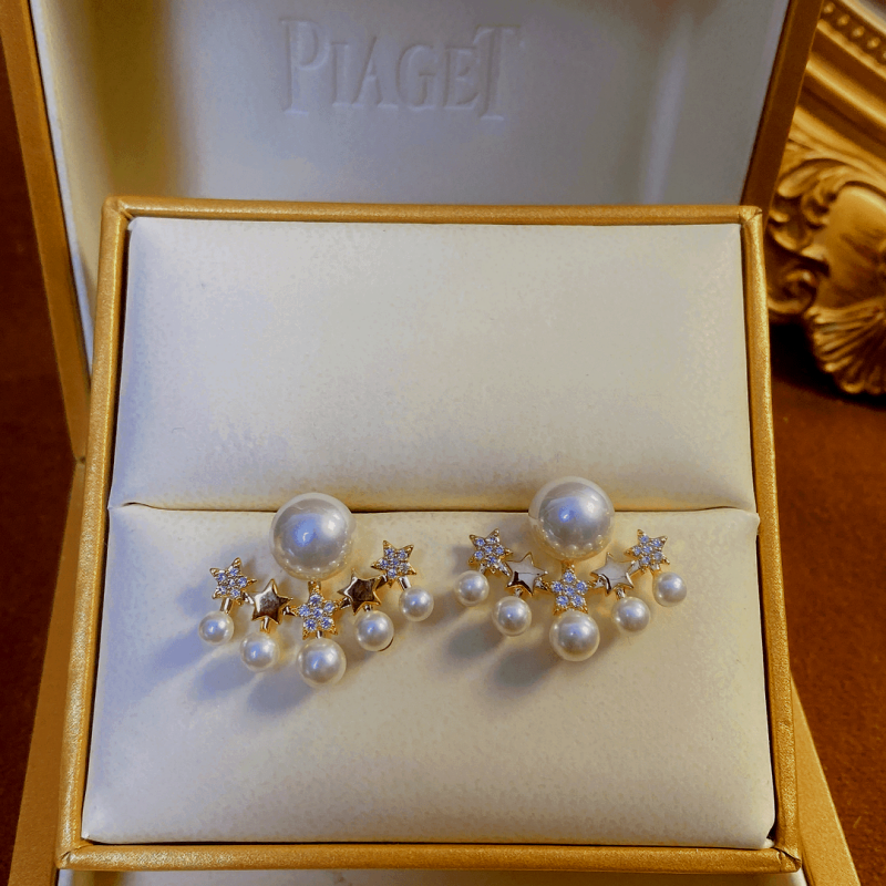 14K Gold-plated Elegant Zircon Star Pearl Earrings
