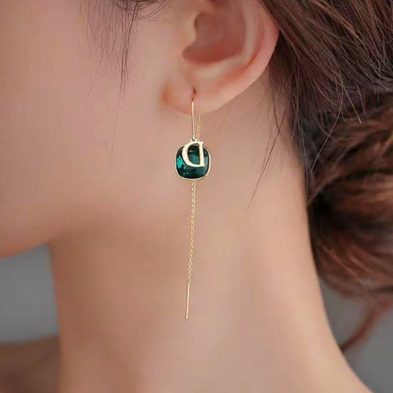 14K Gold-plated Emerald D Letter Threader Earrings