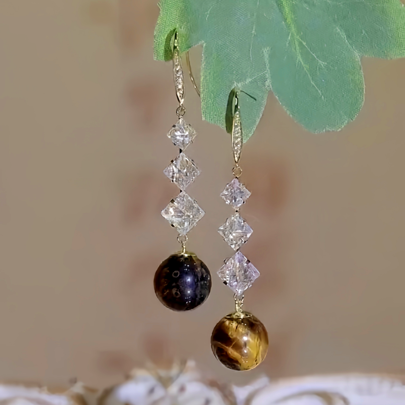 14K Gold-plated Geometric Diamond Pearl Earrings