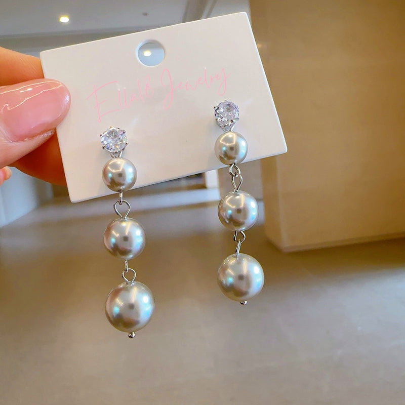 14K Gold-plated Gray Pearl Zircon Long Earrings