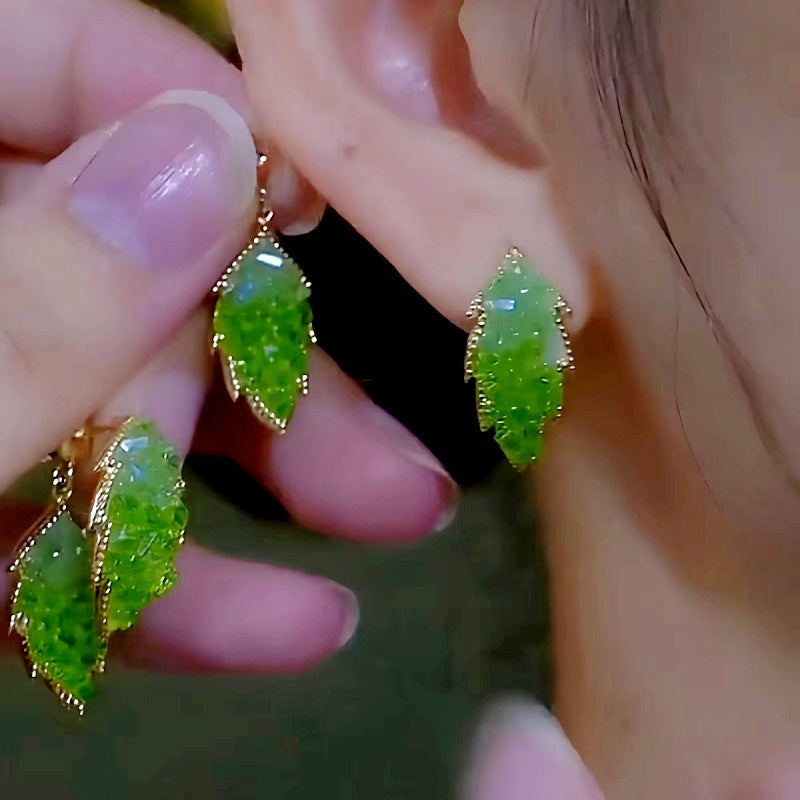 14K Gold-plated Green Diamond Crystal Leaf Earrings