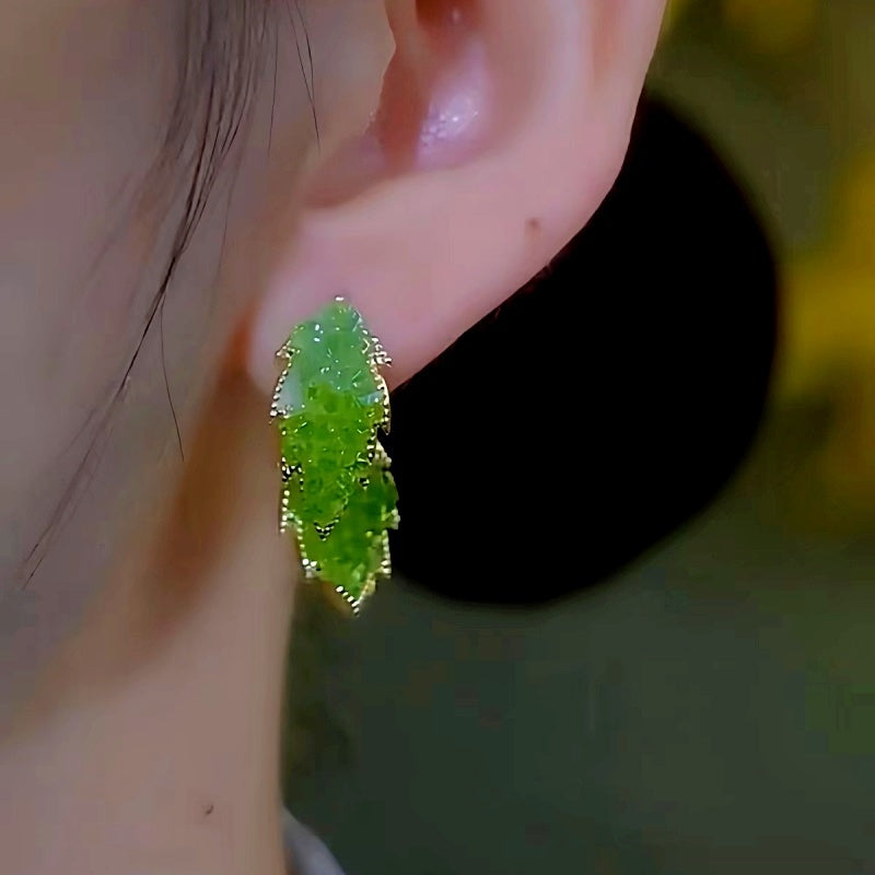 14K Gold-plated Green Diamond Crystal Leaf Earrings
