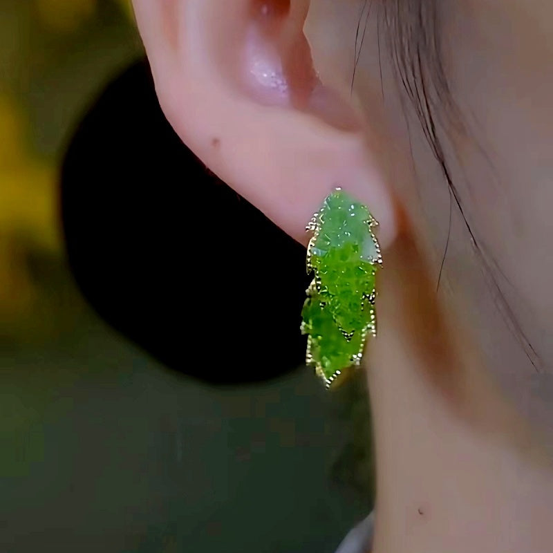 14K Gold-plated Green Diamond Crystal Leaf Earrings