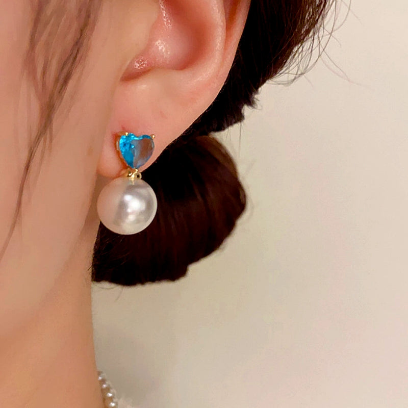 14K Gold-plated Heart Zircon Pearl Earrings
