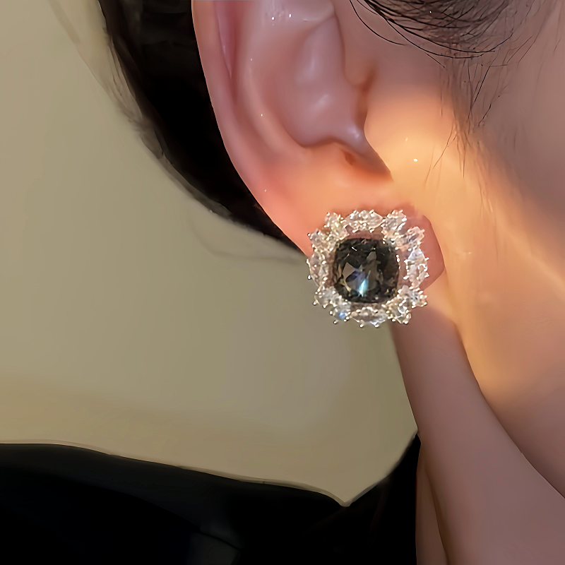 14K Gold-plated Luxury Diamond-Studded Grey Crystal Earrings