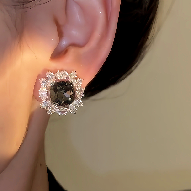 14K Gold-plated Luxury Diamond-Studded Grey Crystal Earrings