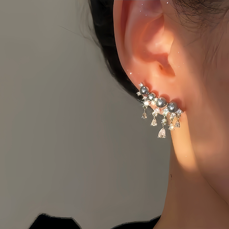 14K Gold-plated Luxury Diamond Gray Pearl Tassel Earrings