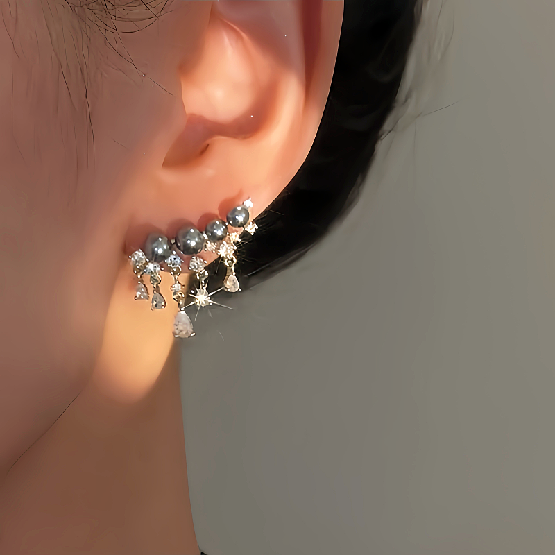 14K Gold-plated Luxury Diamond Gray Pearl Tassel Earrings