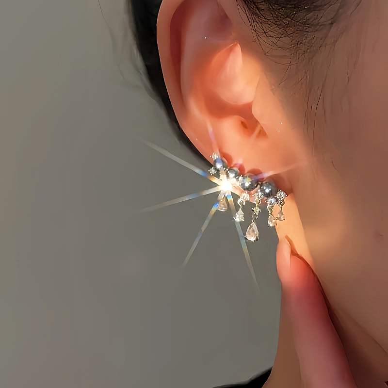 14K Gold-plated Luxury Diamond Gray Pearl Tassel Earrings